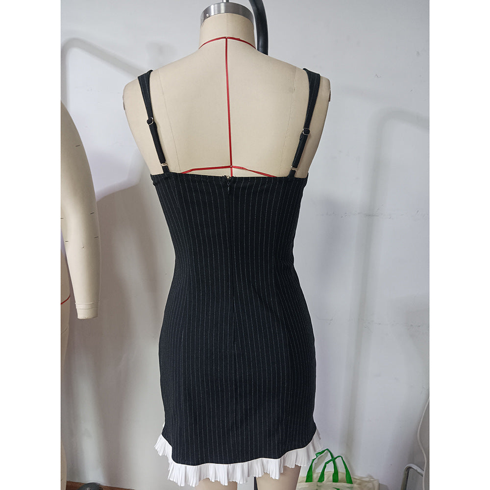 Women Sexy Backless Striped Lace Patchwork Strap Dress 10