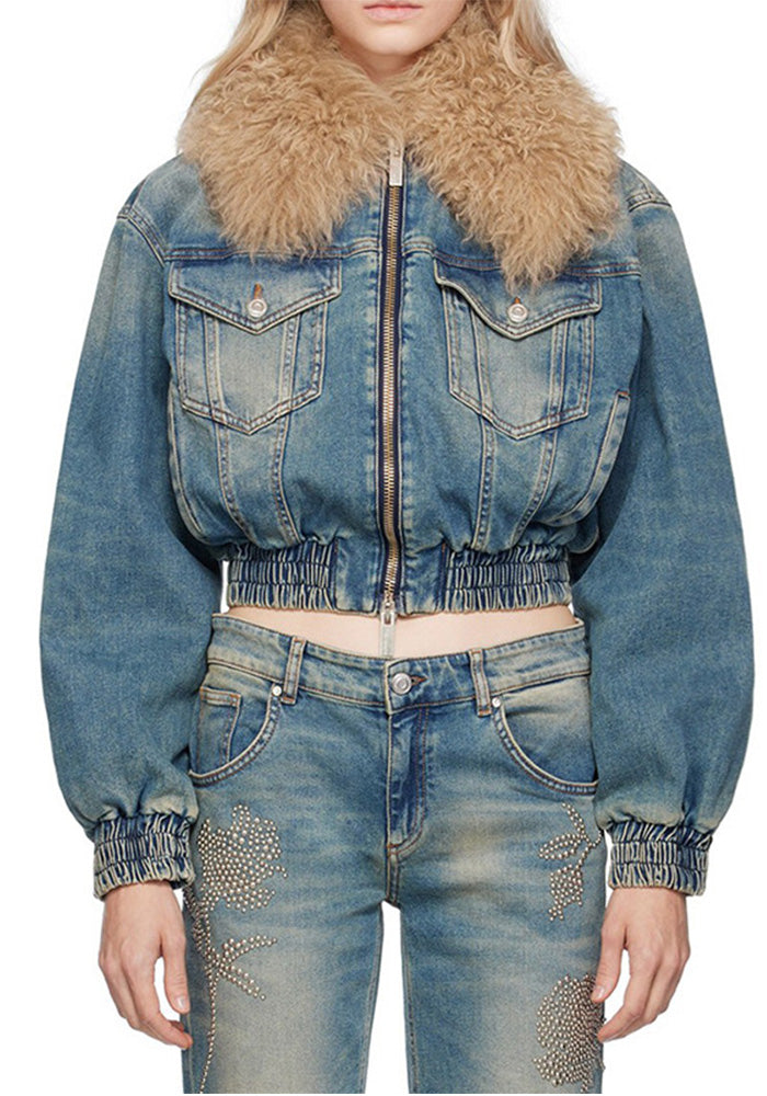 Women's Winter Removable Fur Collar Zipper Short Denim Jacket