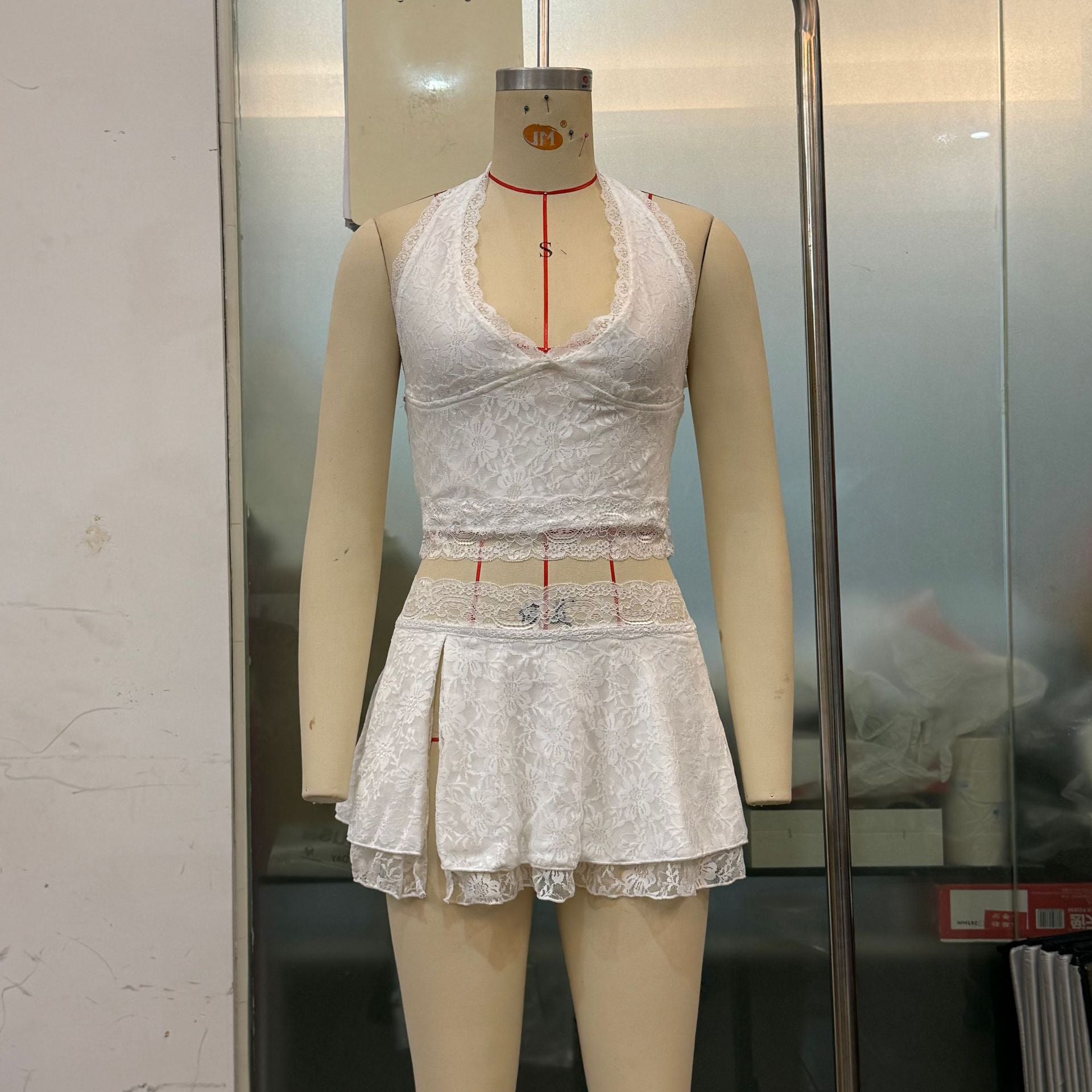 Sexy Halter Neck Deep V-neck Short Lace Top Slit Short Skirt Two-piece Set 11