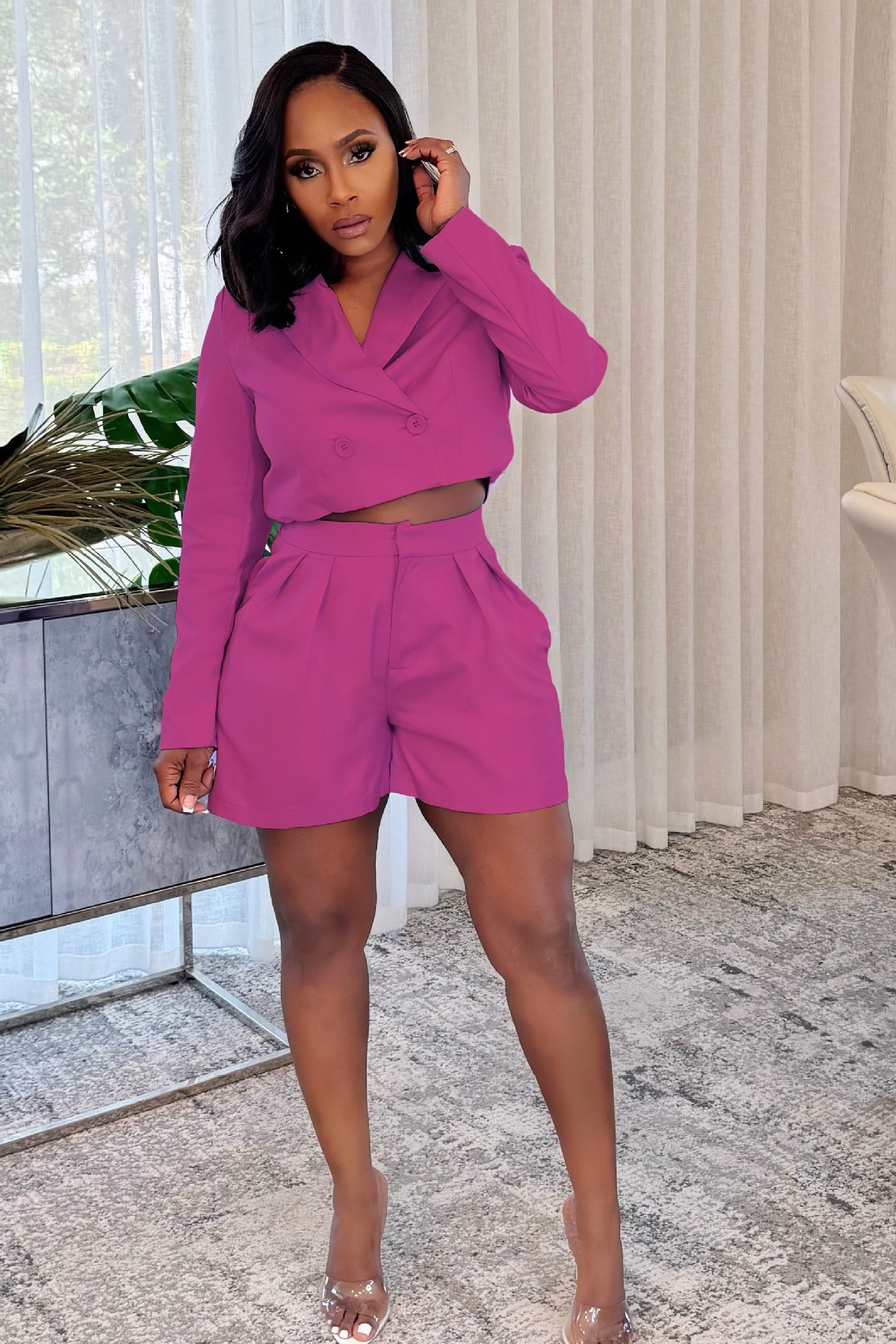 Women elegant Career Turndown Collar Long Sleeve Blazer and Shorts Two-piece Set 3