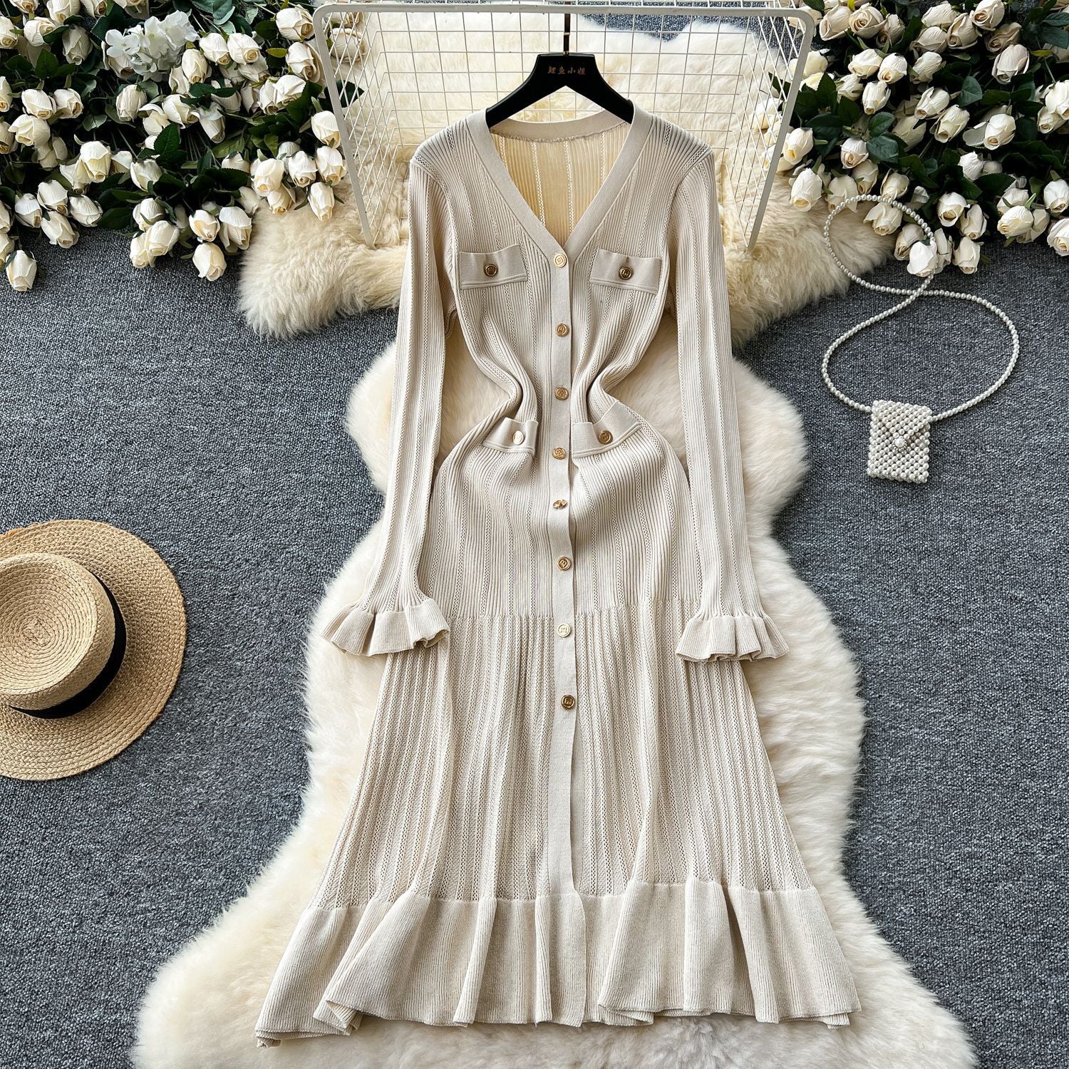Women Fall/Winter Long-Sleeved V-Neck Ruffled Knitting Dress 9