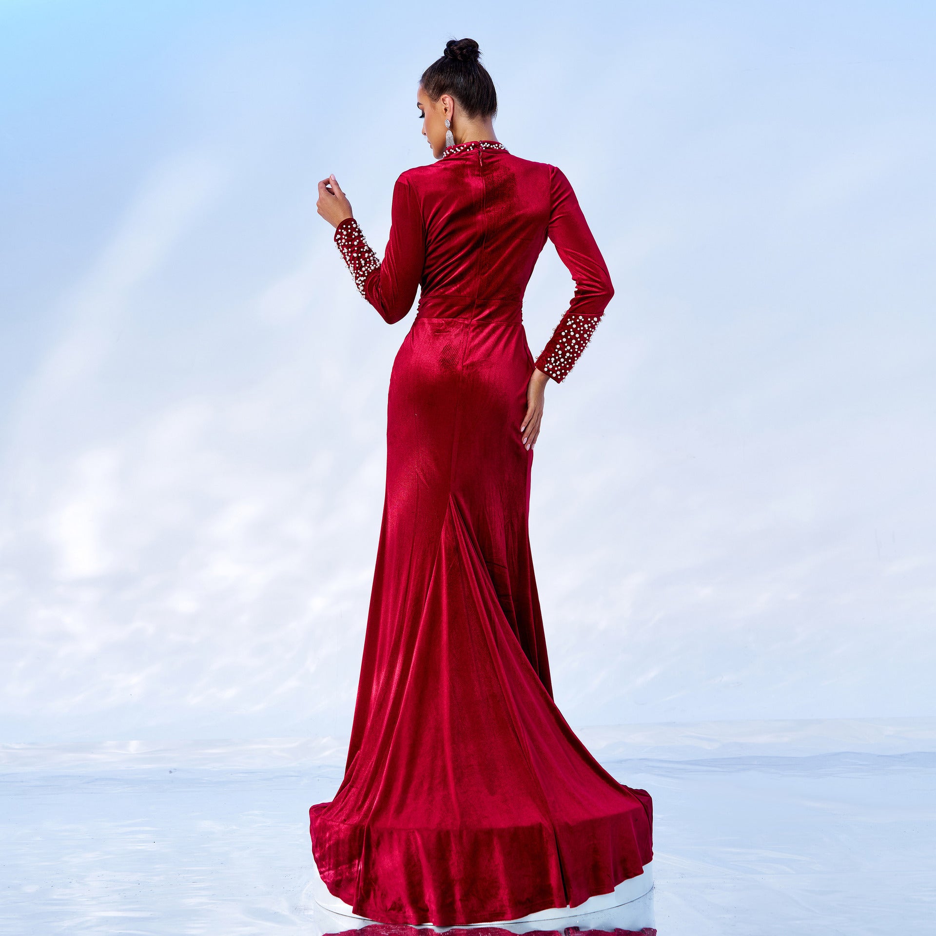 Long Sleeve Round Neck Sexy Velvet Formal Party Evening Gown Long Bridesmaid Dress 4