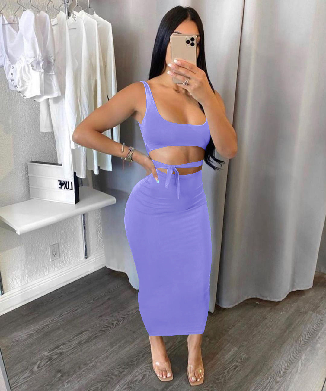 Women's Spring Summer Solid Color Strap Slim Two Piece Skirt Set 4