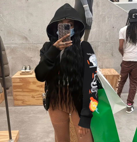 Plus Size Women Casual Zipper Letter Print Pocket Hoodies