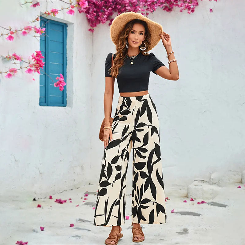 Leaf Print Casual Wide Leg Pants Short Sleeve Tight Fitting Crop T-shirt Spring and Summer Two-piece Pants Suit 3