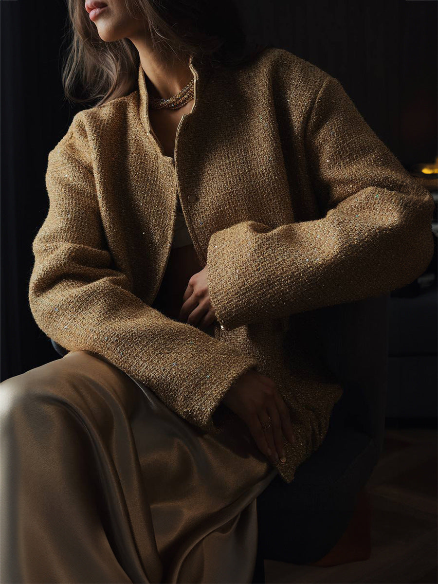 Women gold thread sequined Stand Collar jacket