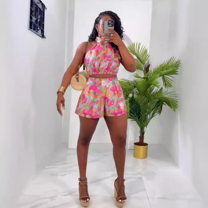 Printed sleeveless top and shorts Two-piece Set