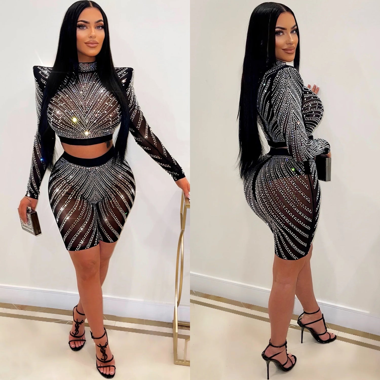 Summer Women's Sexy Tight Fitting Mesh See-Through Long Sleeve Beaded Two-Piece Suit 3