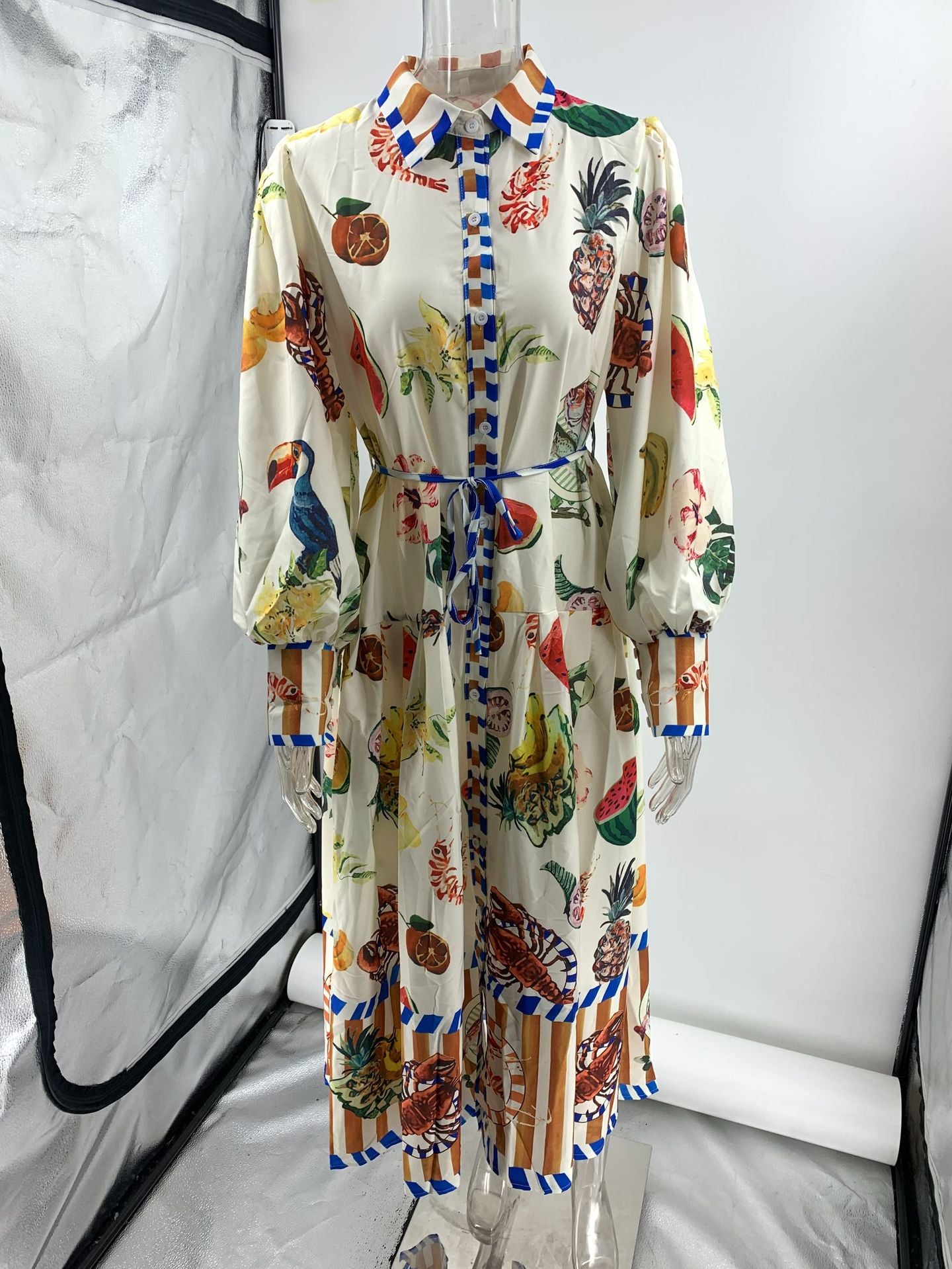 Autumn Single-Breasted Graffiti Print Belt Long Sleeve Casual Shirt Dress 8