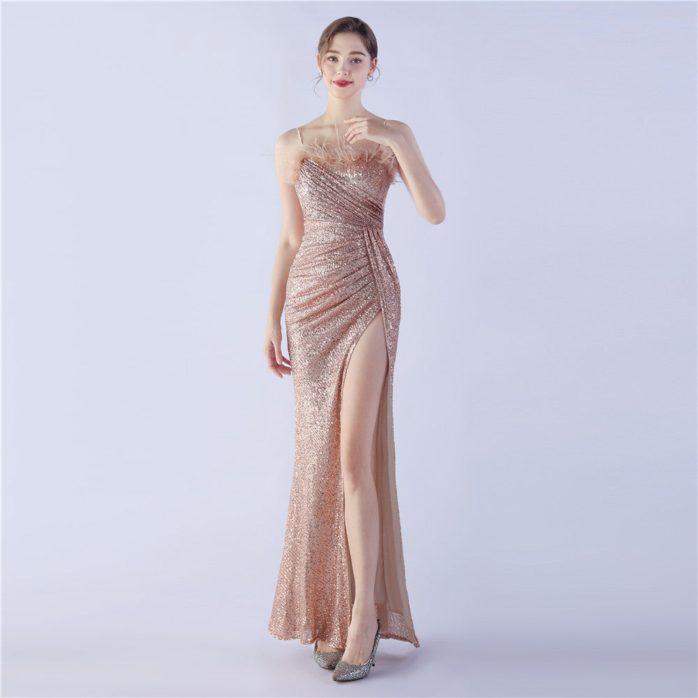 Sexy Feather Sequins Straps Side Slit Evening Dress 10
