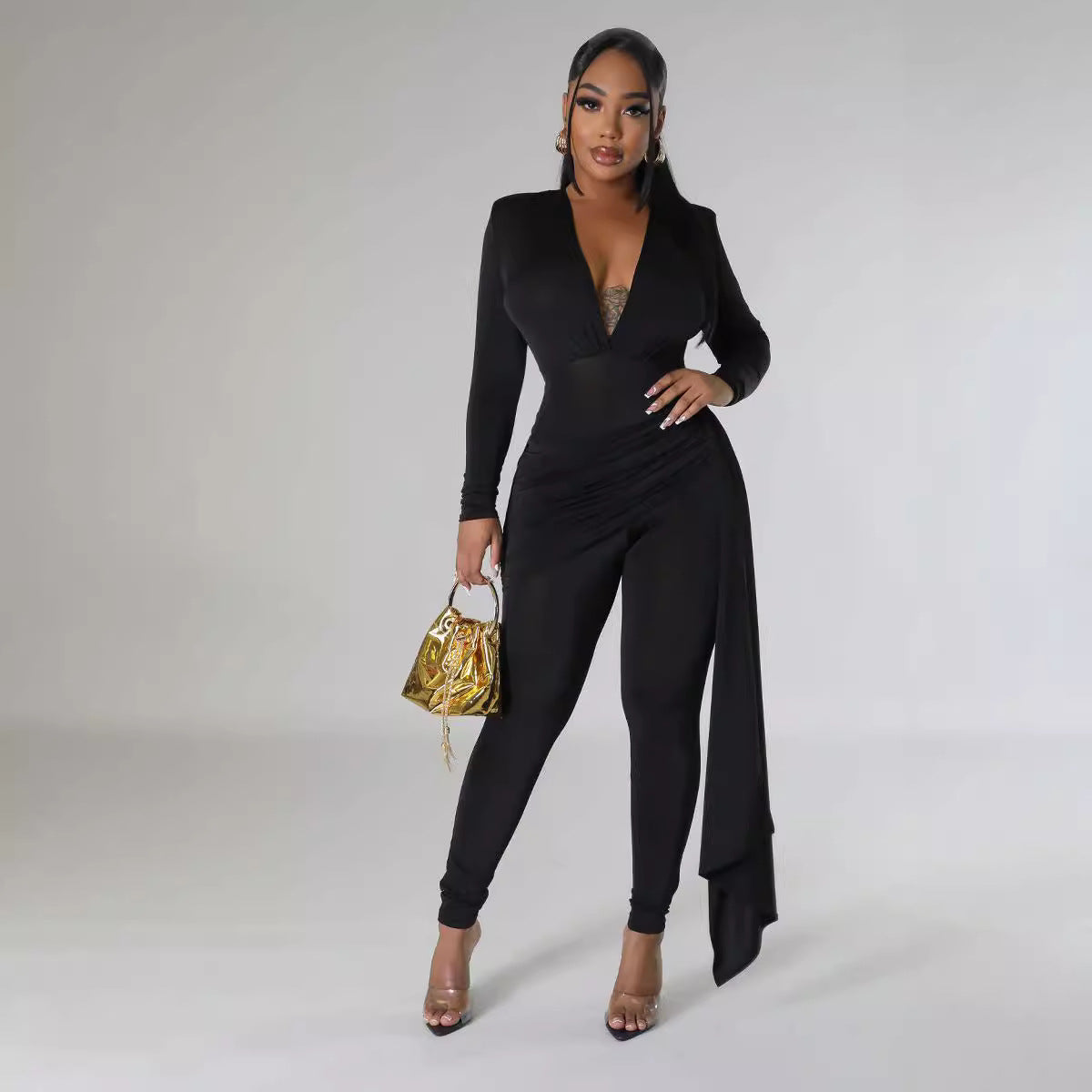 Women's Solid Color Sexy Deep V Neck Tight Fitting Long Sleeve Jumpsuit