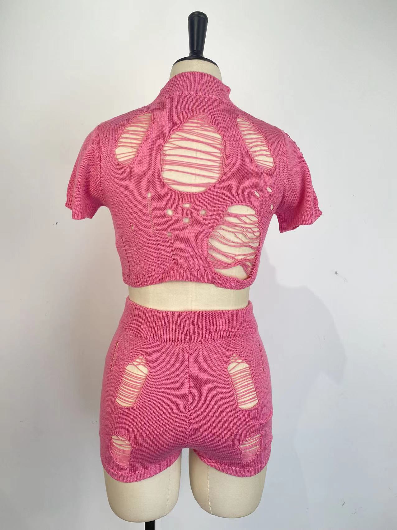 Women Fashion Knitting Tight Fitting Hollow Out Sexy Two Piece Shorts Set Spring Summer 16