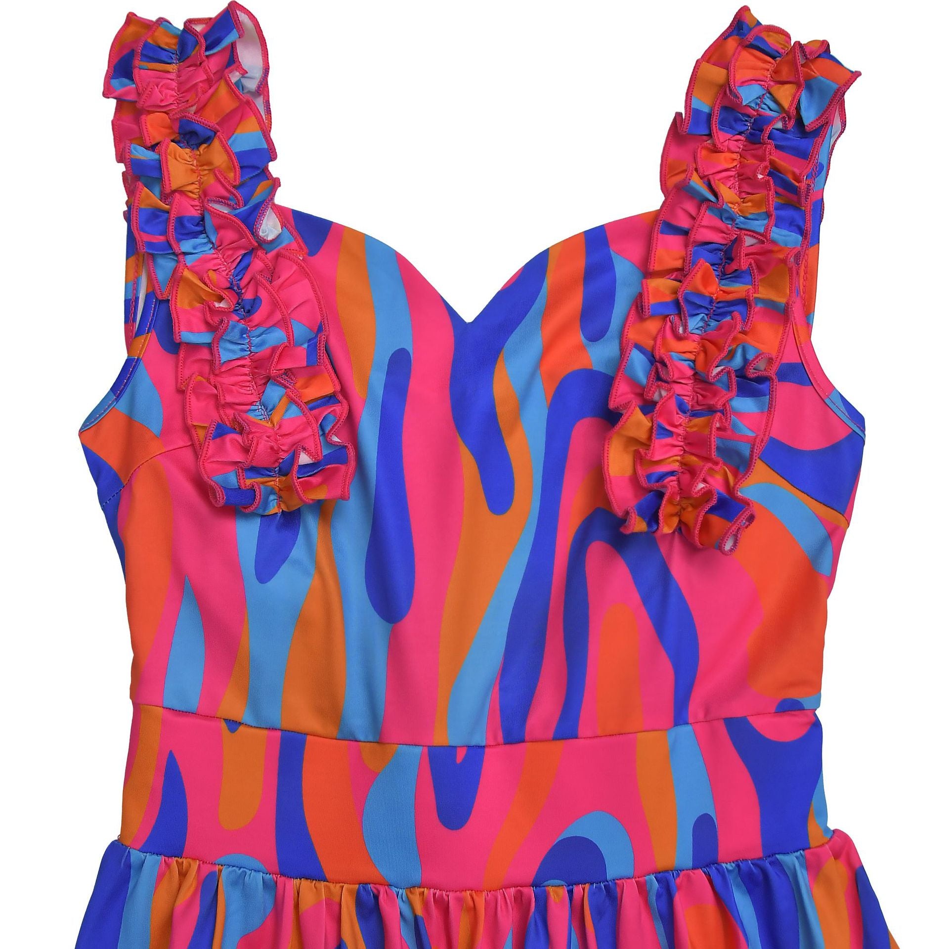 Women elegant ruffled shoulder strap printed dress 12