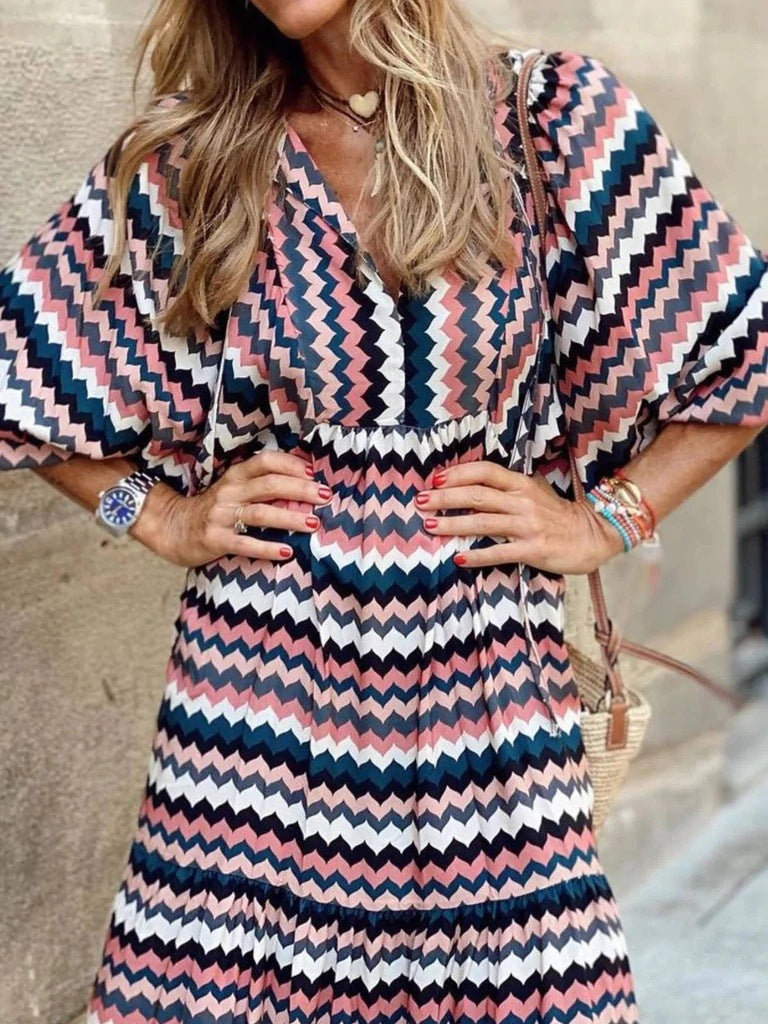 Women Summer Geometric Patch Puff Sleeve Dress 35