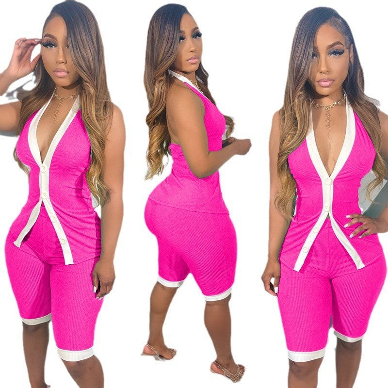 Women sexy contrast v-neck Halter Neck Top and Shorts two-piece set 9