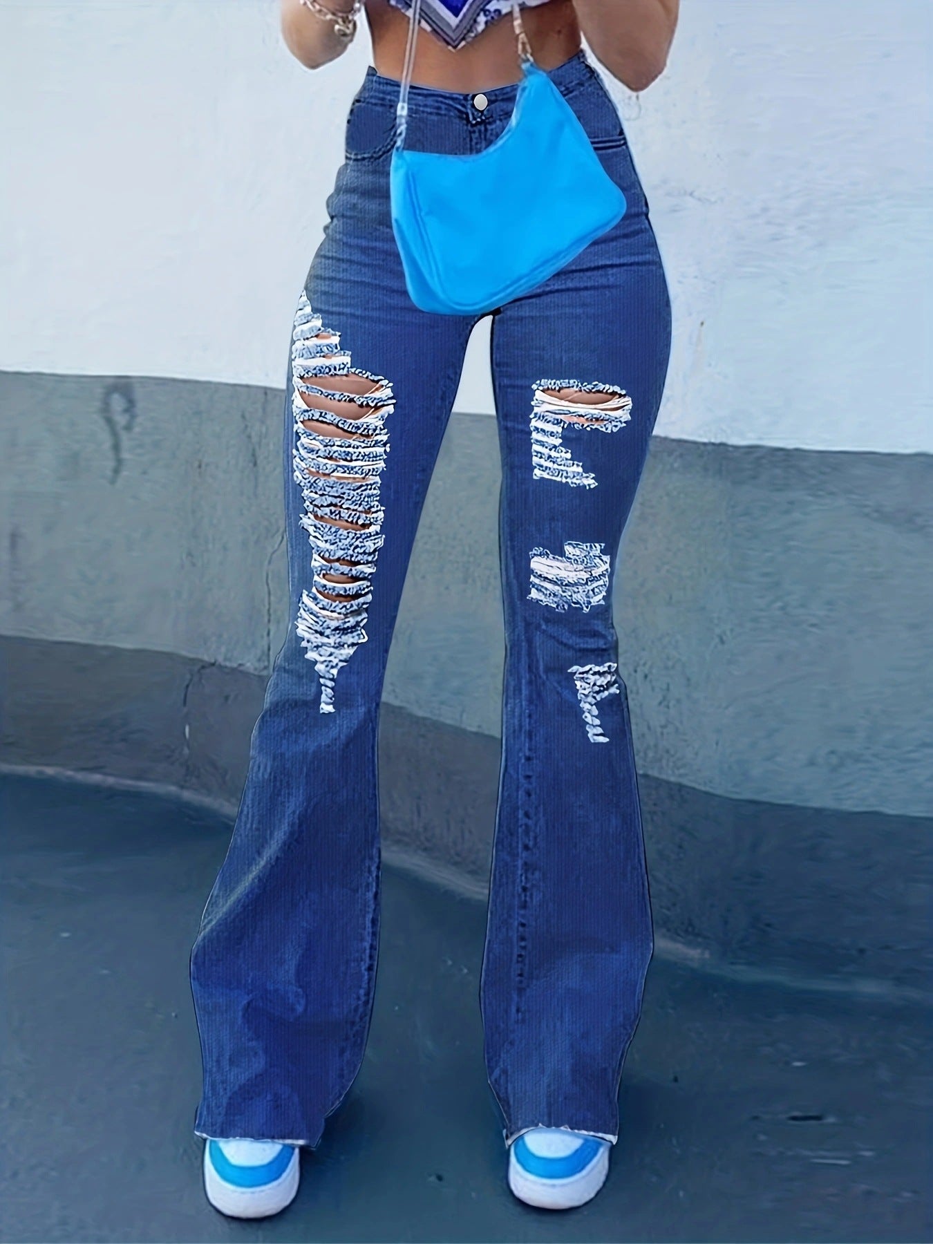 Women Ripped Denim Bell Bottom Pants 7