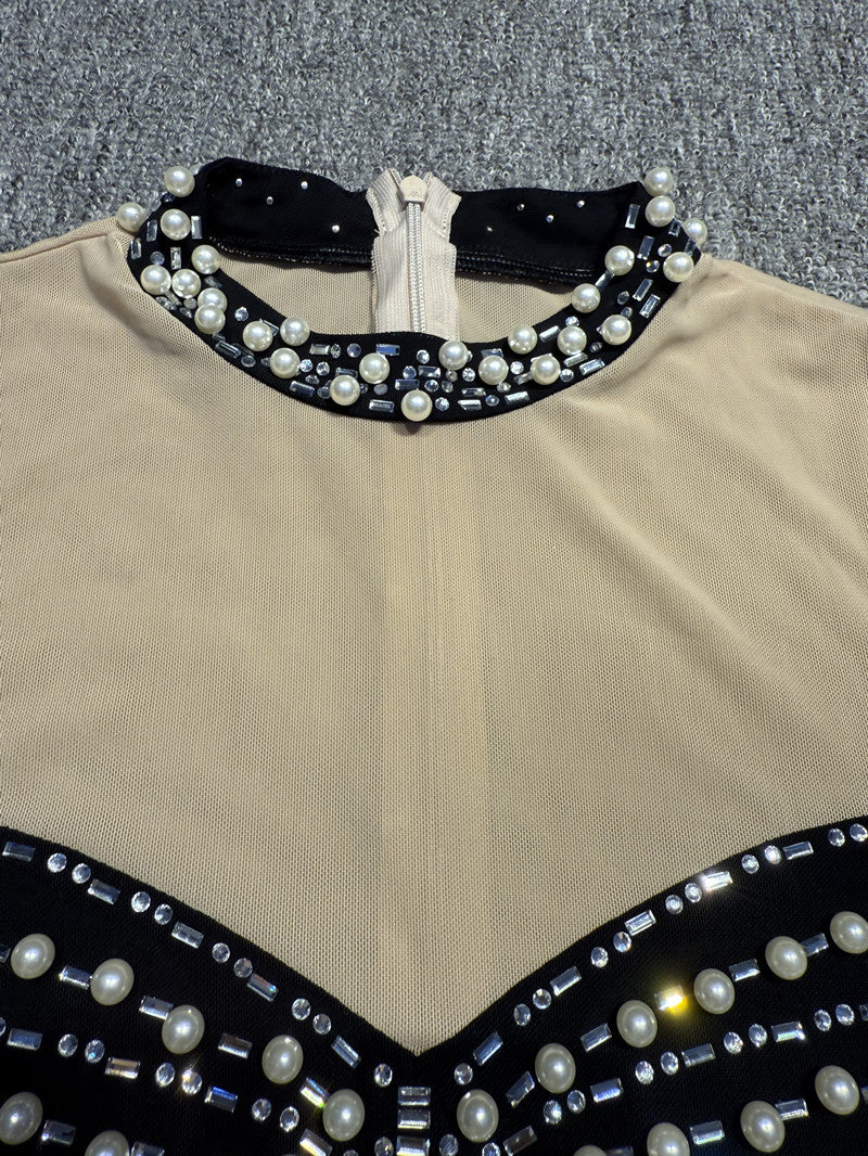 Women See-Through Sexy Beaded Pearl Contrast Long Sleeve Dress 14