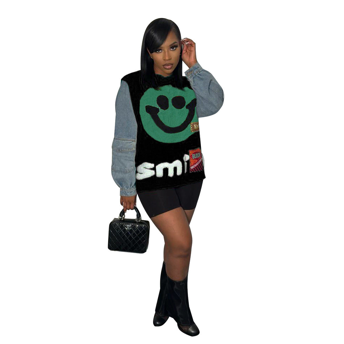 Women'S Clothing Autumn/Winter Denim Patchwork Women'S Knitting Sweater 8