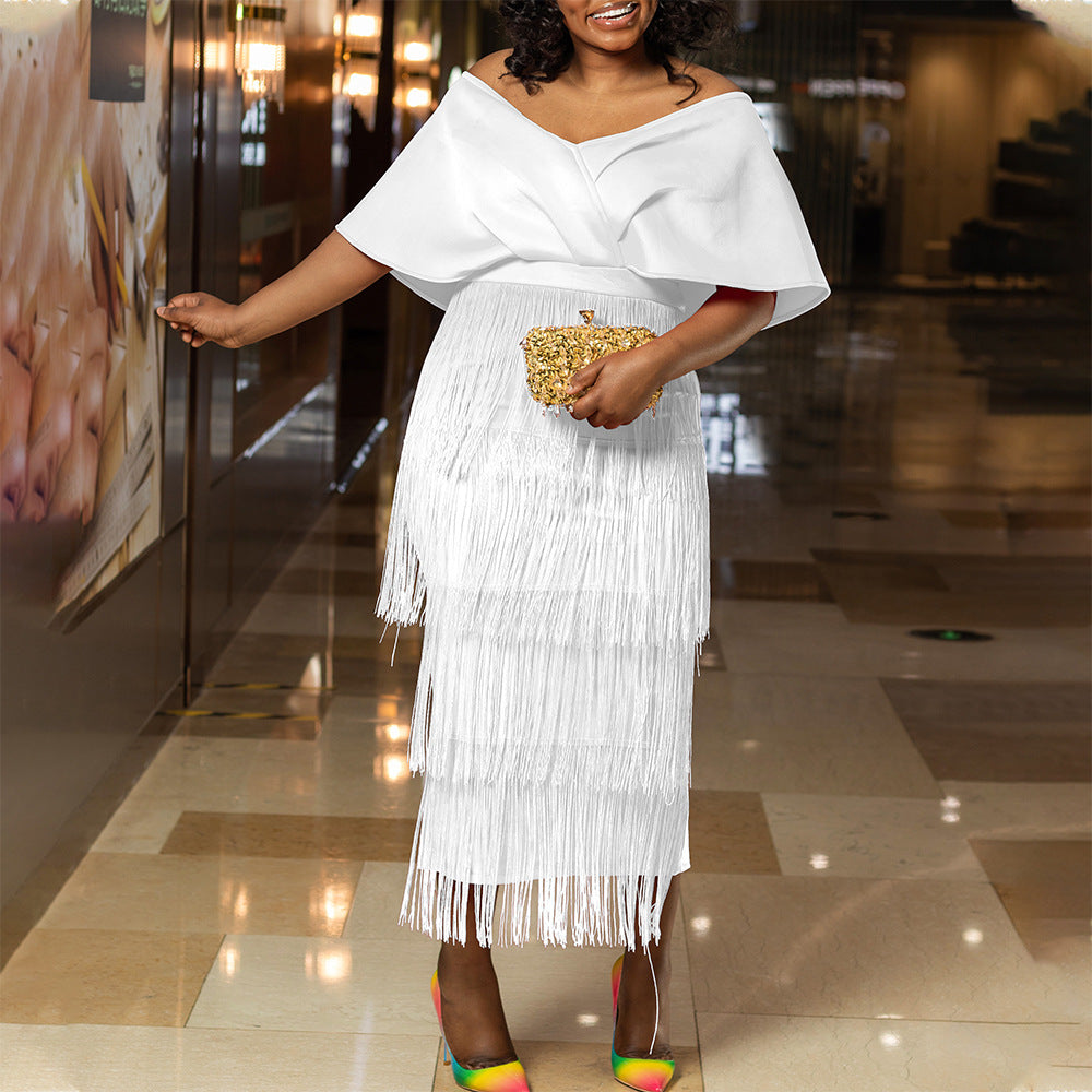 Ladies Summer Fashion Chic V Neck Off Shoulder Tassel Formal Party Gown Dress 4