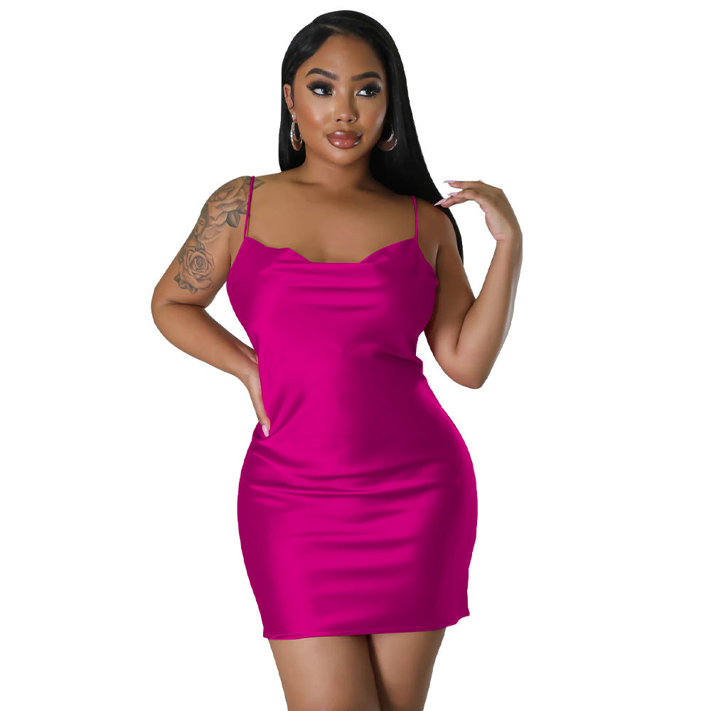 Women Sexy Solid Color Backless Strap Dress 11