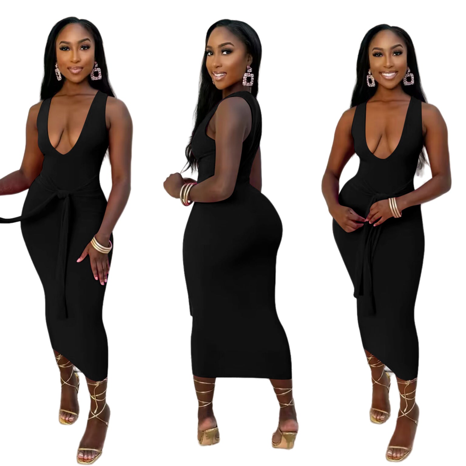 Women's Sexy Fashion V-Neck Solid Color Long Dress 5