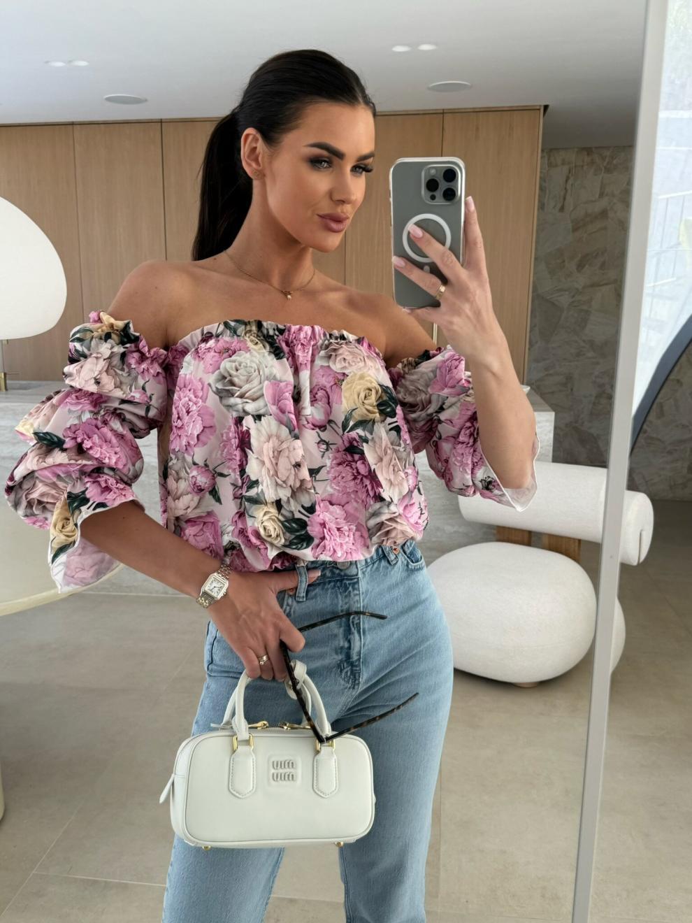 Off-Shoulder Solid Color Sexy Floral Print Long-Sleeve Shirt 3