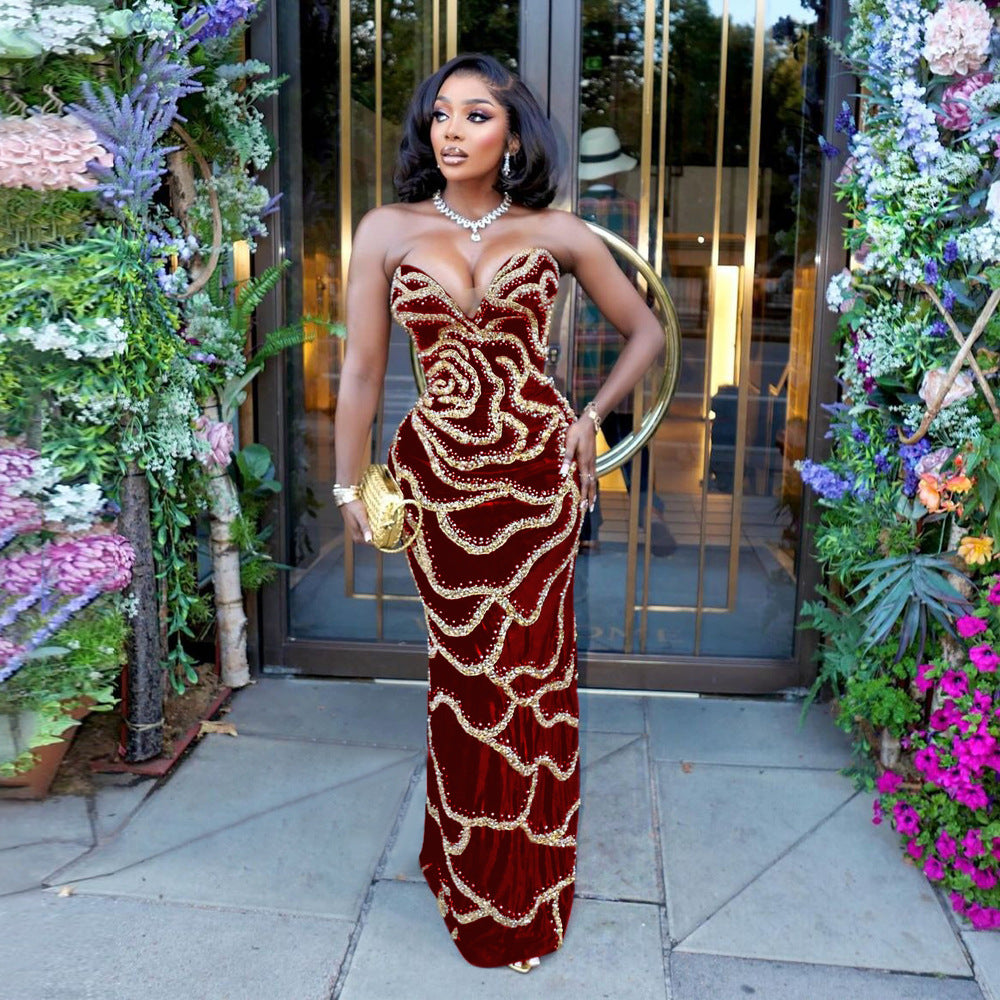 V-Neck Strapless Luxury Sequin Formal Party Long Dress 3