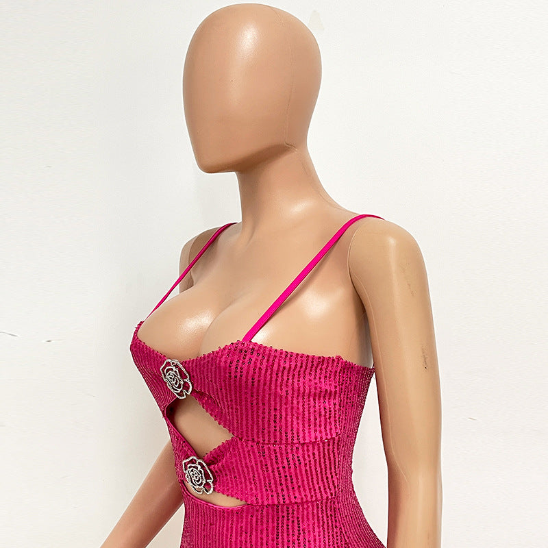 Women's Hollow Sequin Strap Low Back Slim Party Dress 26