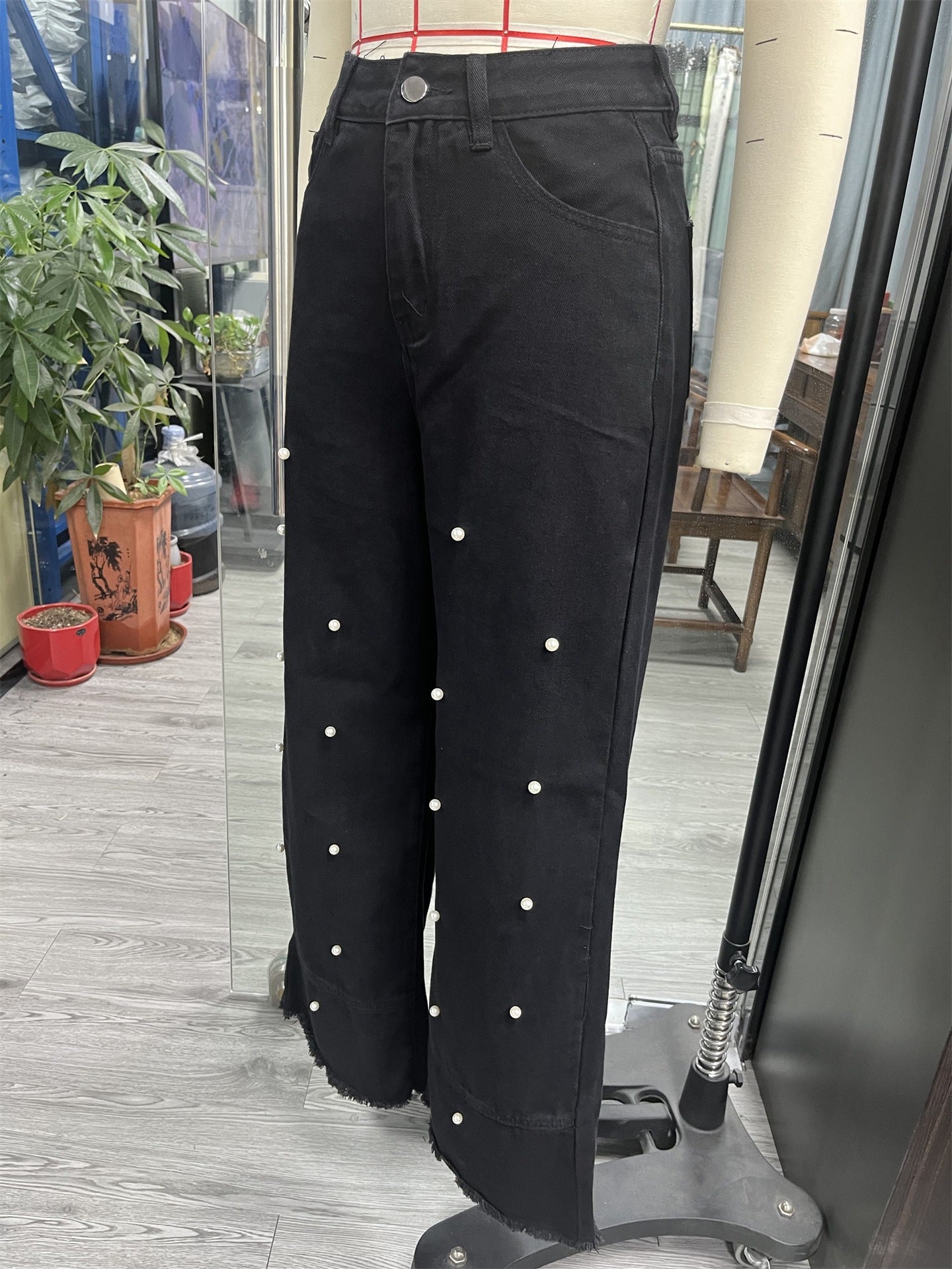Women Pearl Wide Leg Denim Pants 10