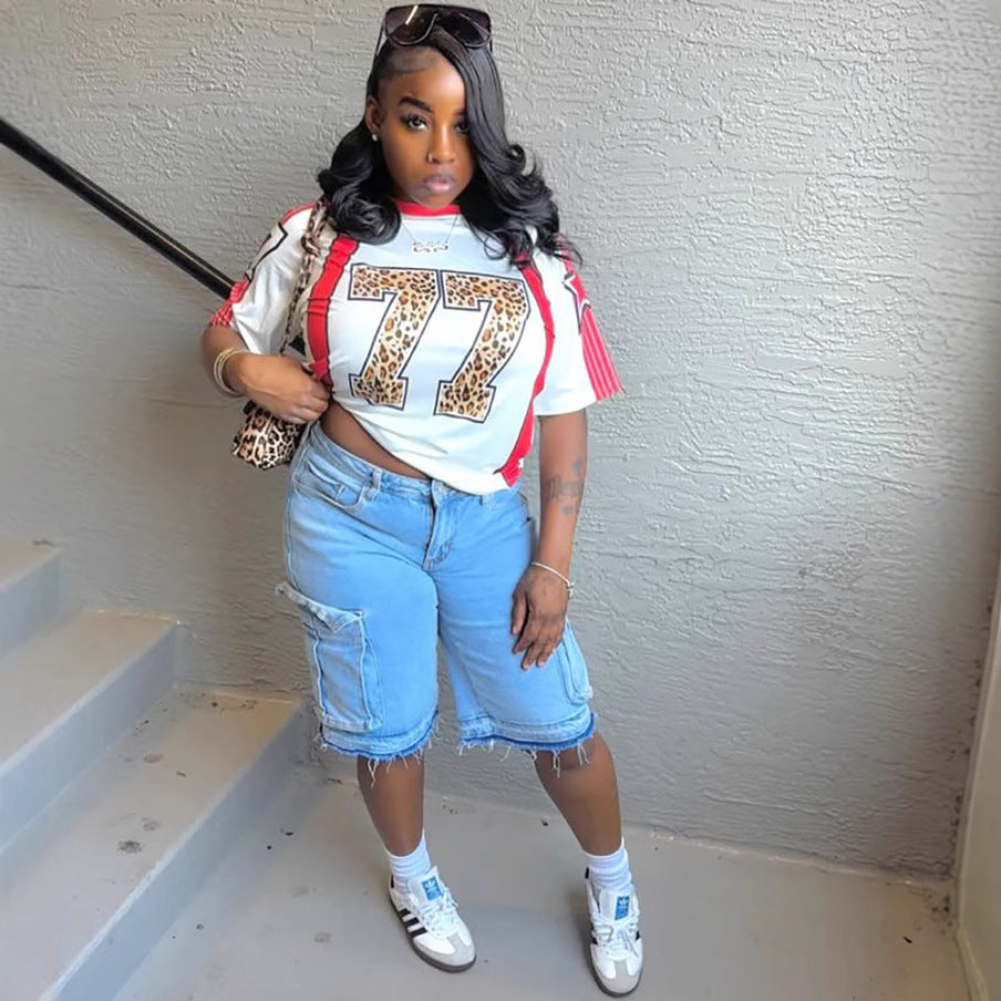 Women's Summer Washed Distressed Cargo Pocket Denim Pants 3