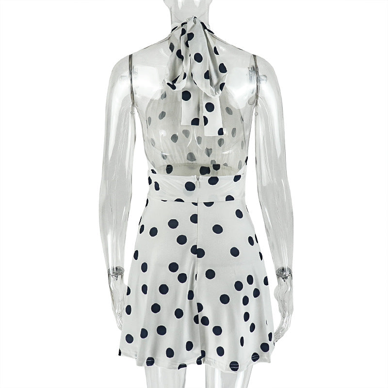 Women Pleated Waist Polka Dot Print Halter Neck Dress 9