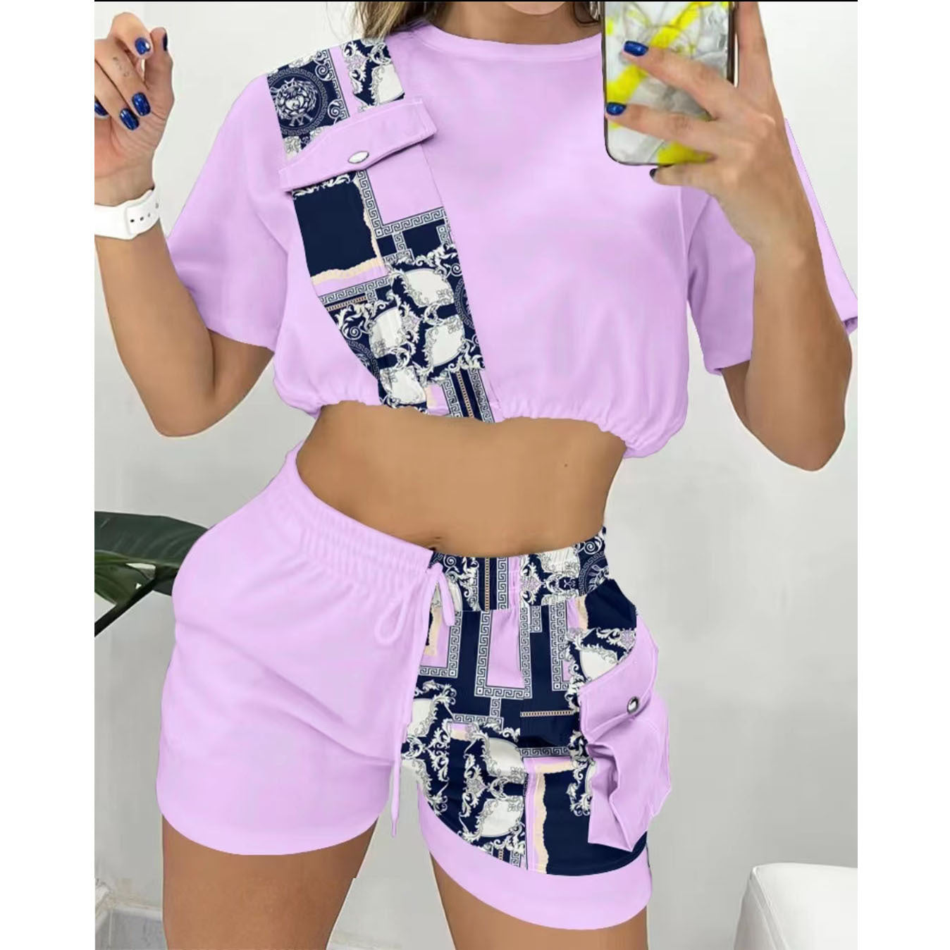 Women Summer Patchwork Denim Short Sleeve Top Short Two-Piece Set 5