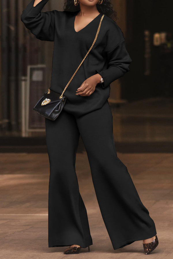 Women Solid Long-Sleeved Slit Two-Piece Set 6