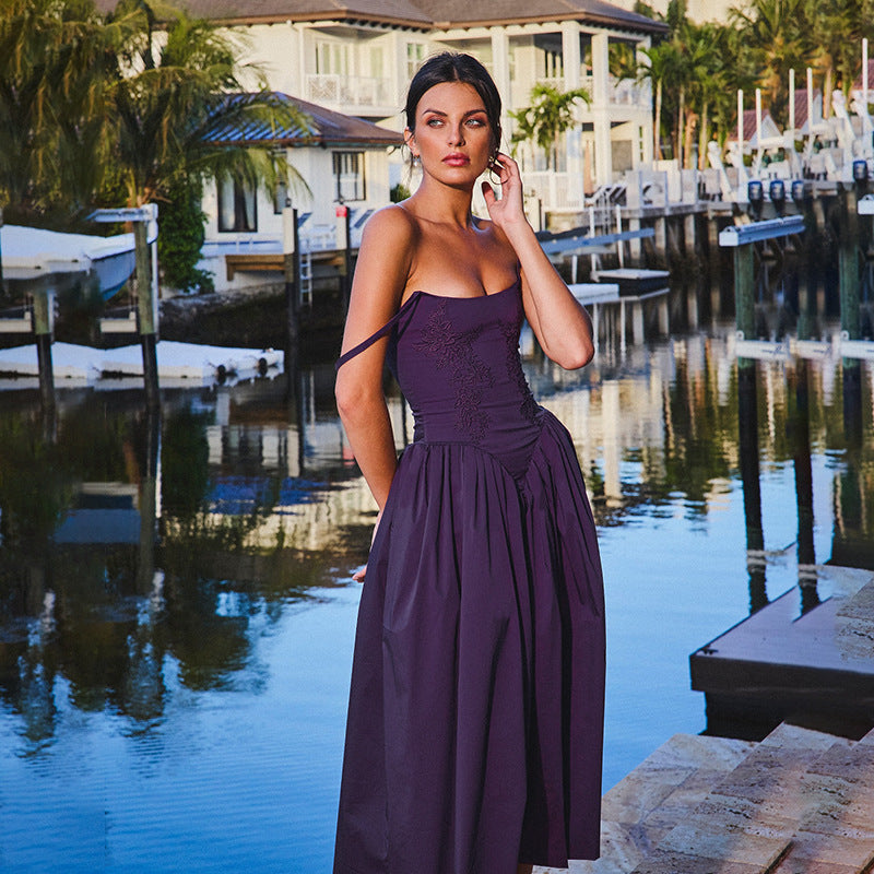 Strapless Low-Back Lace-Up Maxi Dress Floral Trim Chic Gown