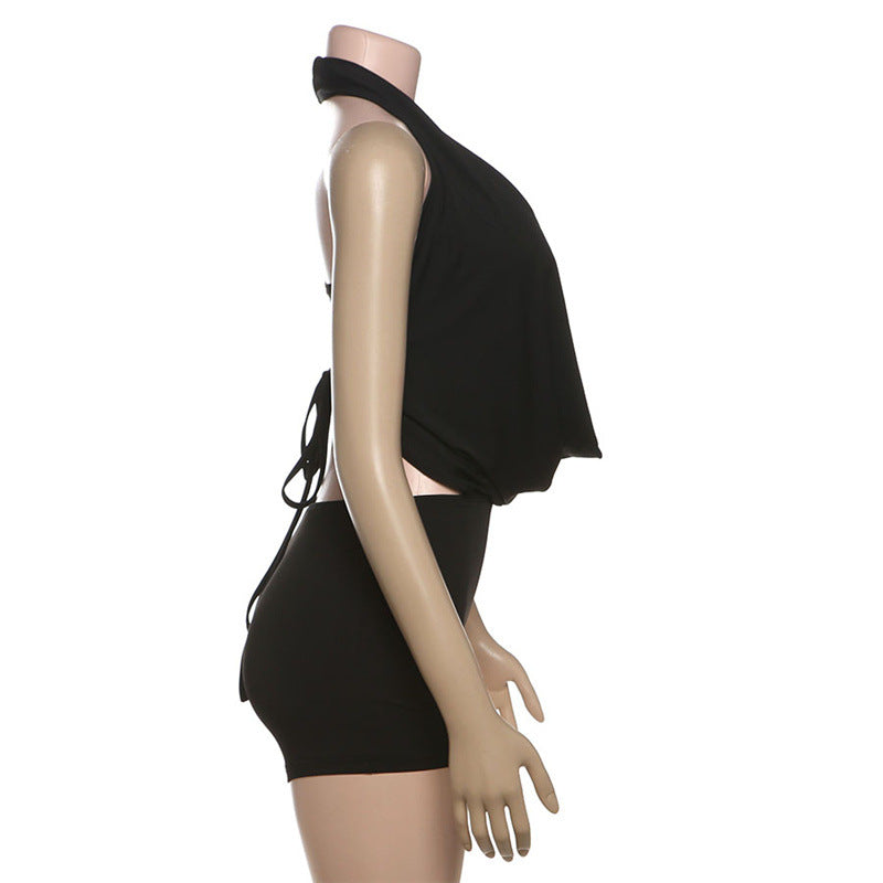 Women Summer Solid Strapless Halter Neck Top and Shorts Two-piece Set 7