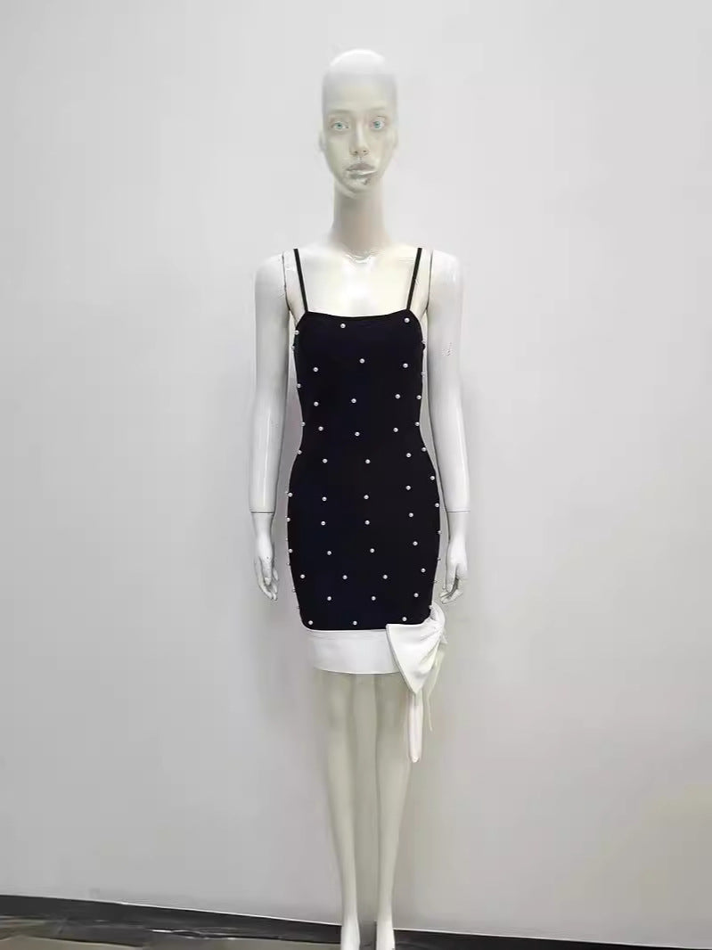 Women Sexy Strap Beaded White Bow Bandage Dress 4