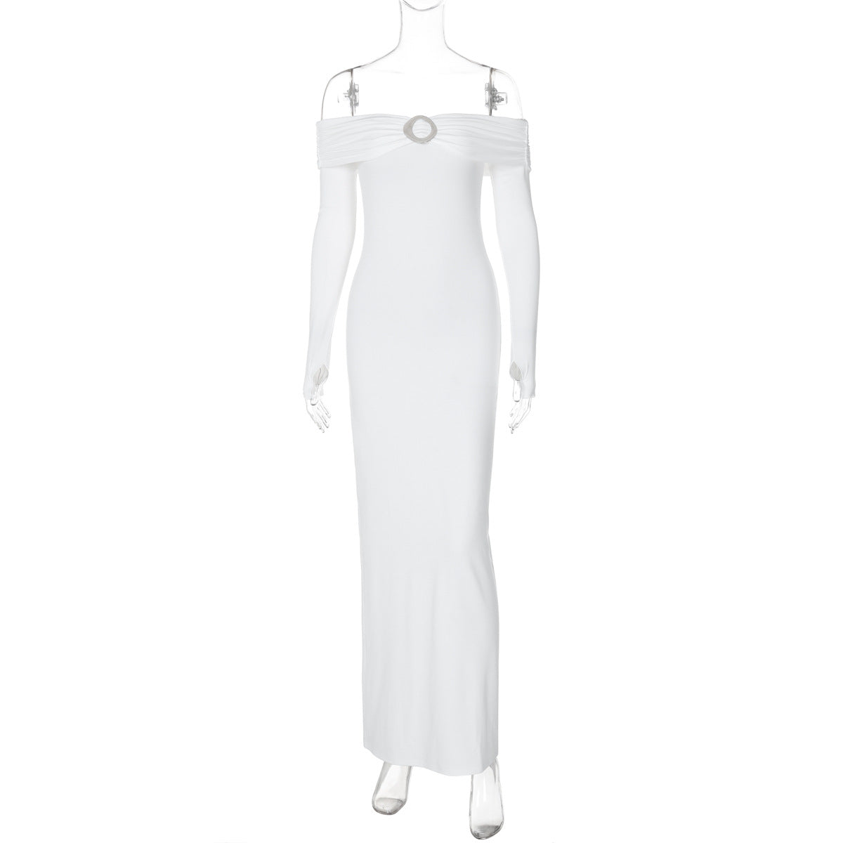 Women's autumn sexy Off Shoulder long sleeve solid color slit long dress 9