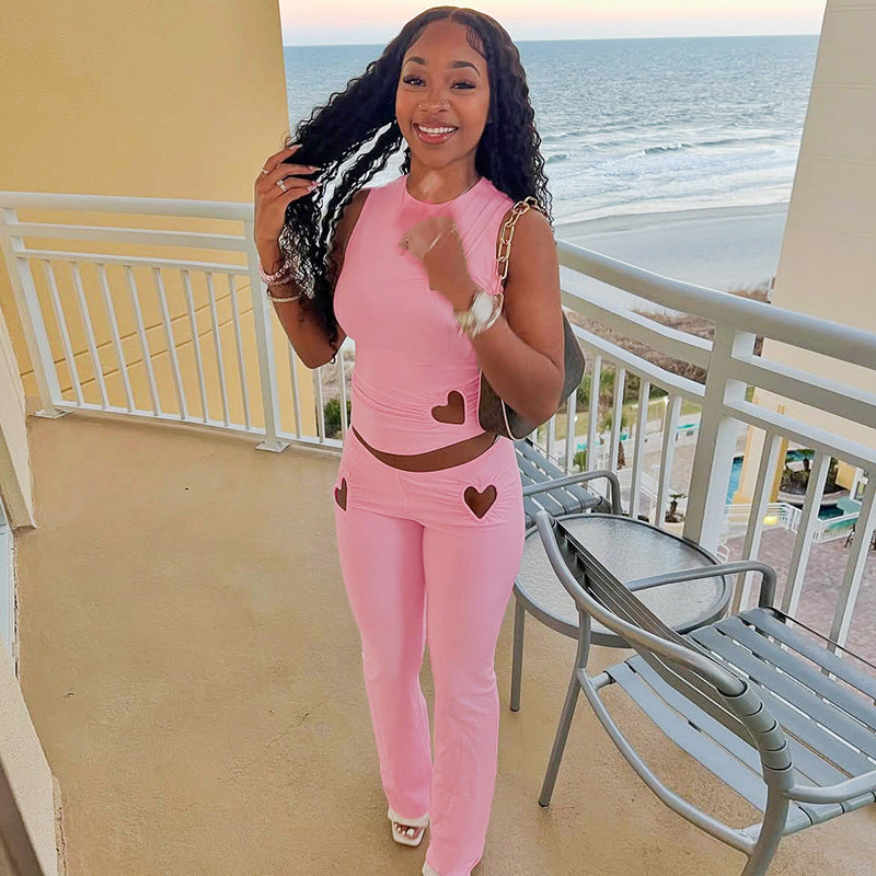 Spring Summer Women's Round Neck Heart Shape Hollow Vest Gathered Low Waist Flared Pants Two Piece Set 5