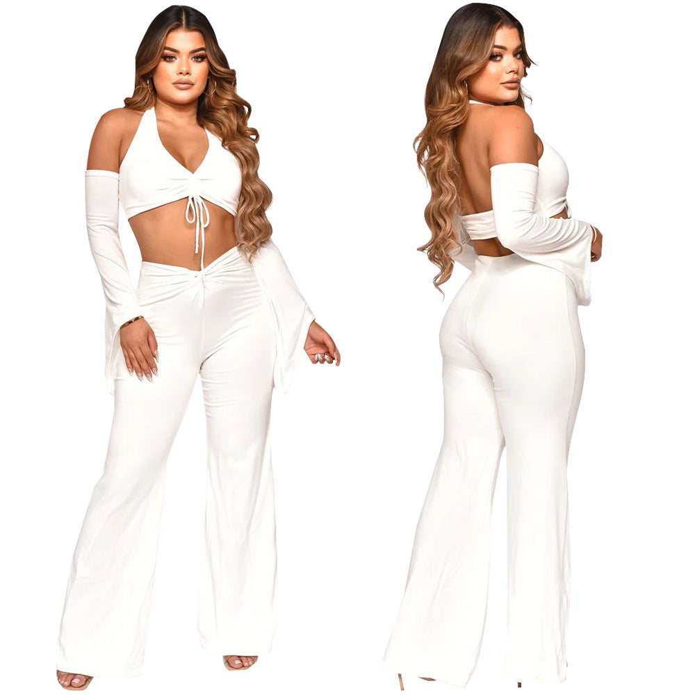 Women Fall Sexy Halter Neck Tie Crop Top+ Pants Two Piece 6