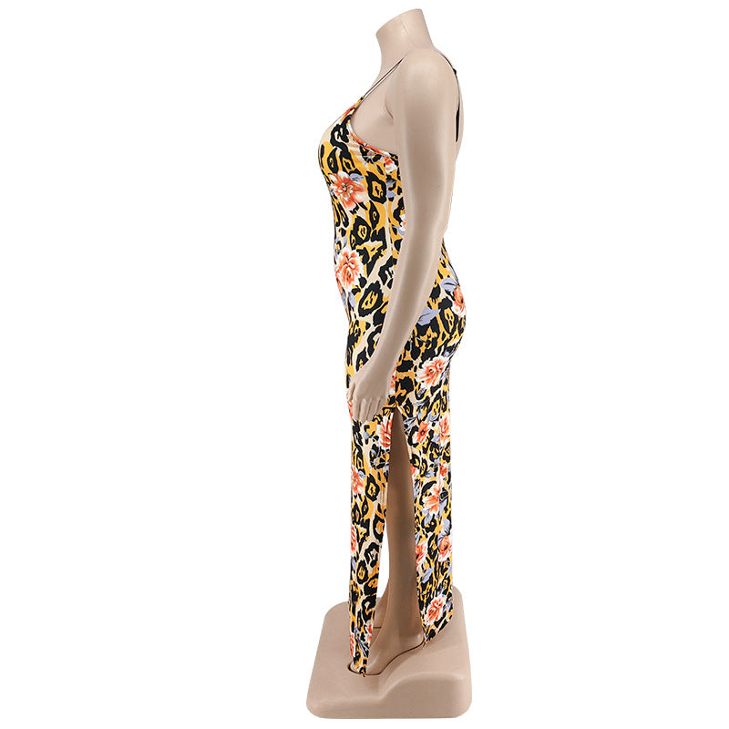 Plus Size Women's Summer Floral Print Strap Sexy Slit Bodycon Dress 12