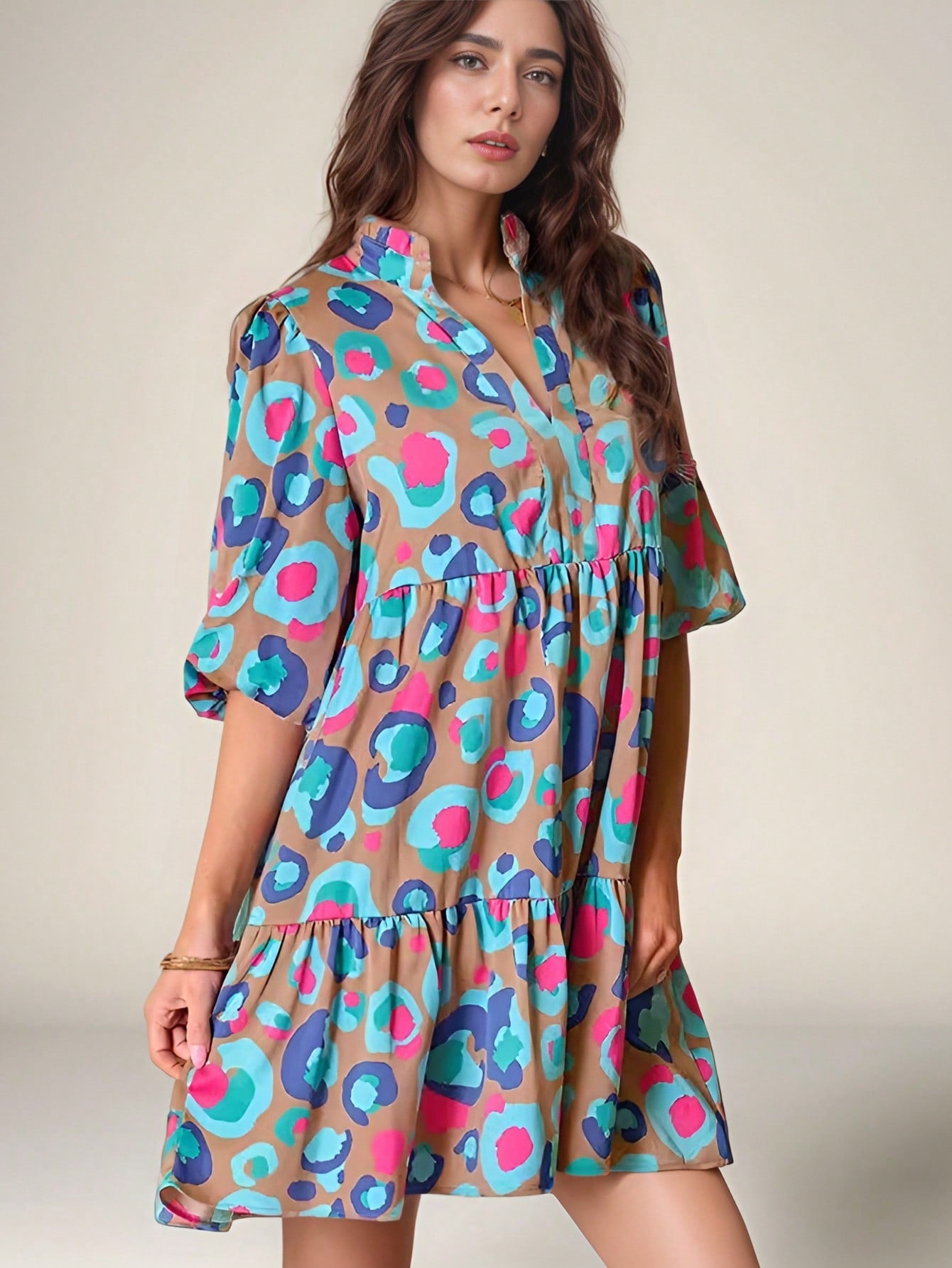 Spring/Summer Women's Print Puff Sleeves V-Neck Loose Half Sleeve Dress 4
