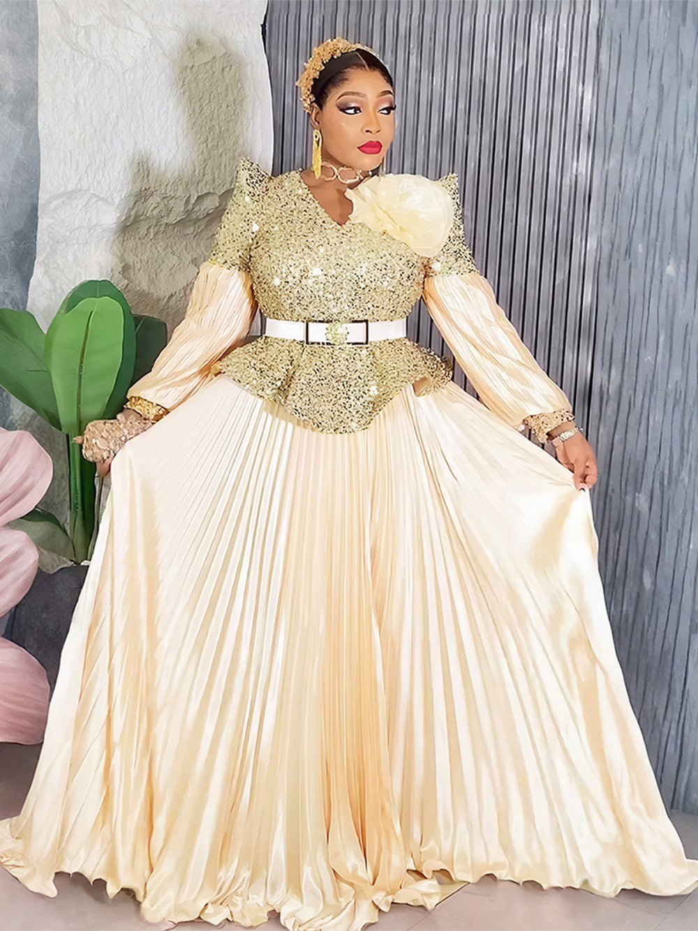 Sequin V-Neck Fashion Plus Size Dubai Elegant Long Gown 7