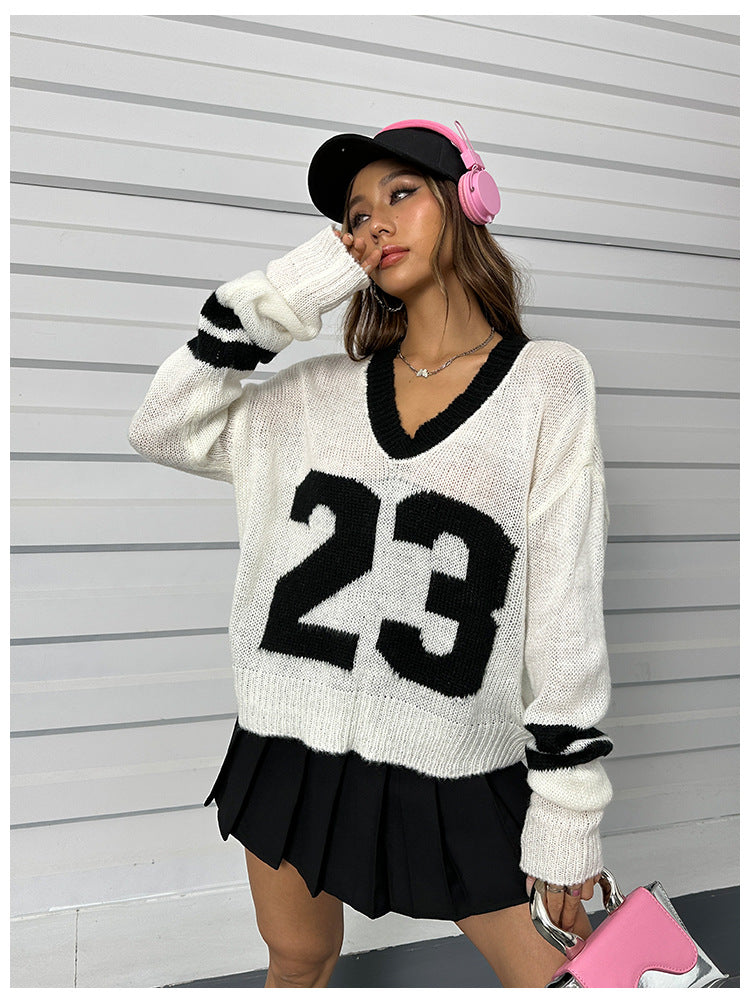 Women autumn and winter fake two-piece v-neck long sleeve sweater 3