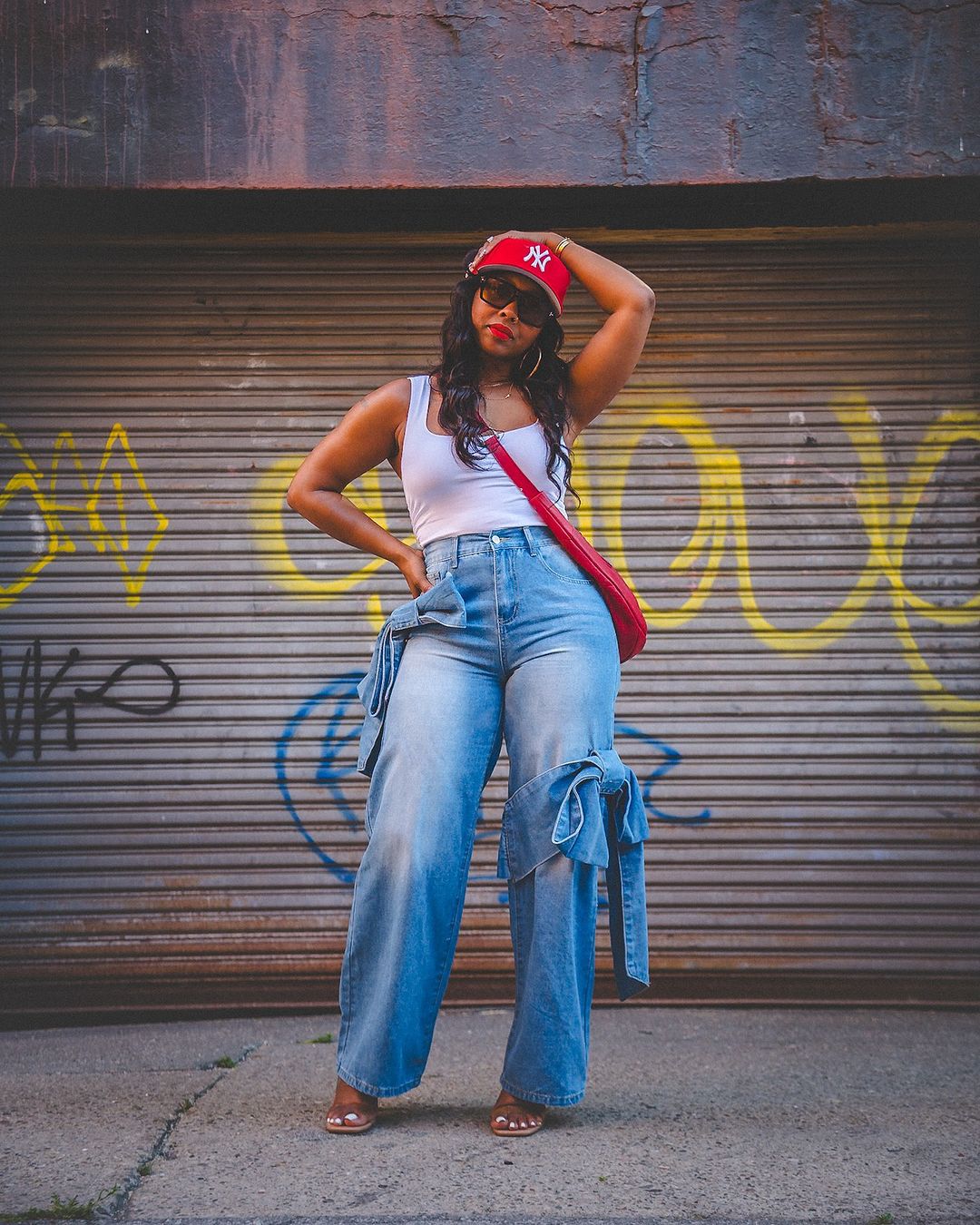 Women Lace-Up Pocket Wide Leg Straight Denim Pants 3