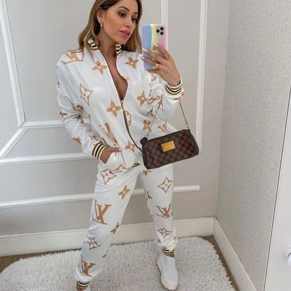 Women's Outdoor Casual High Ribbed Zipper Pocket Jacket Pants Two-Piece Set 4