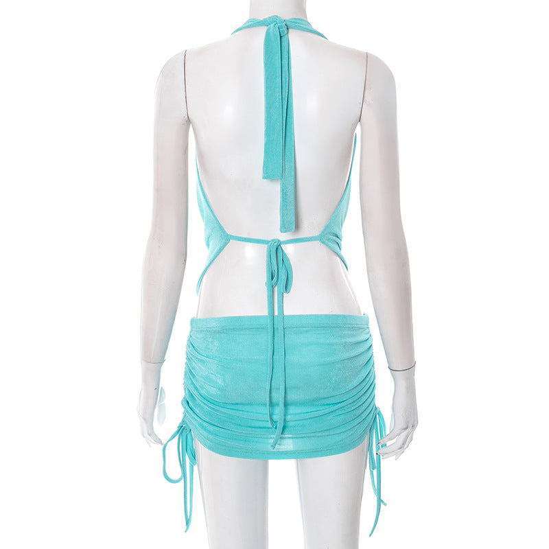 Women V Neck Halter Neck Lace Backless Top and Skirt two-piece suit 4