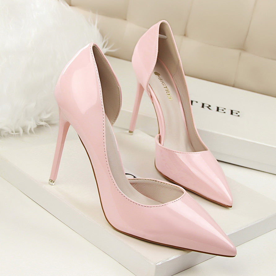 Fashionable High-Heeled Patent Leather Stiletto Shallow Mouth Pointed Toe Hollow Sexy High-Heeled Shoes 11