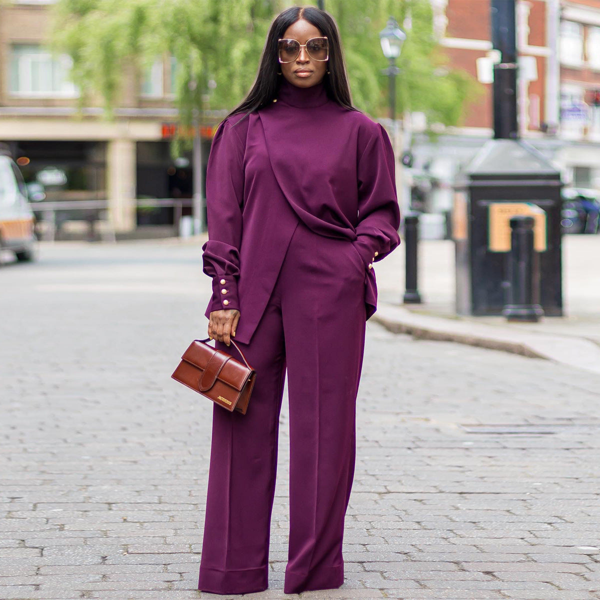 Women Turtleneck Irregular Slit Long Sleeves Top and Pant Casual Two-Piece Set 3