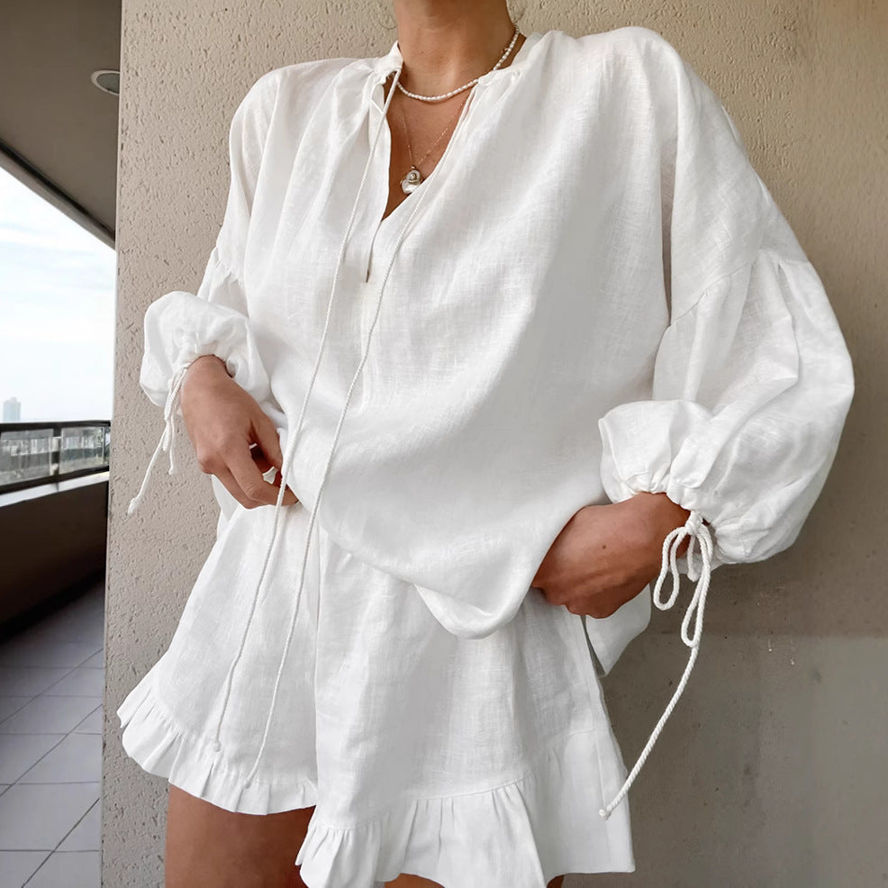 Women Spring White V-neck Lantern Sleeve Long Sleeve Top and Shorts Two-piece Set 7