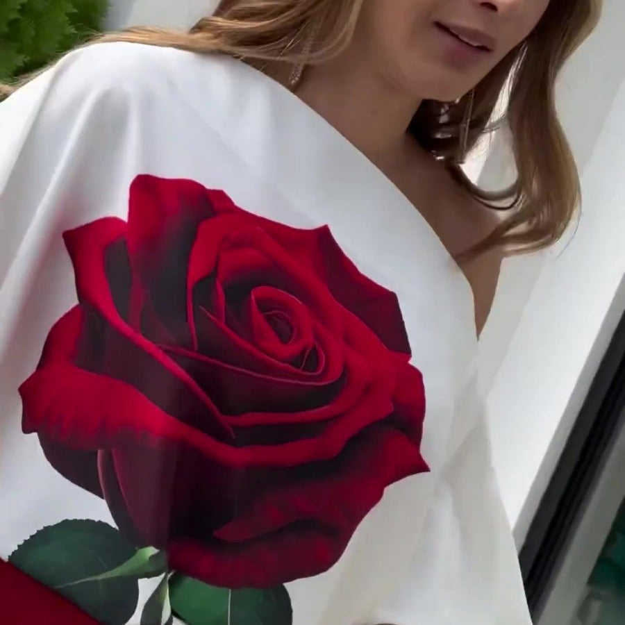 Spring Women's Casual Loose Rose Top High Waist Pants Two Piece Set